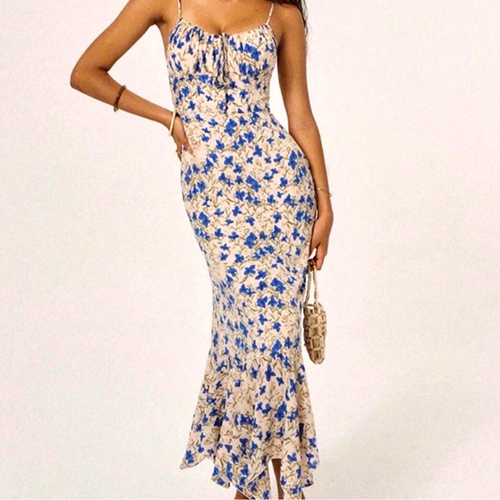 Commense Floral Blue & Cream Spaghetti-Strap Dress